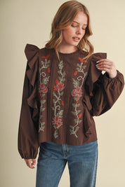 Stitch in Time Floral Cross Stitch Ruffle Top in Espresso Bloom, photo 3