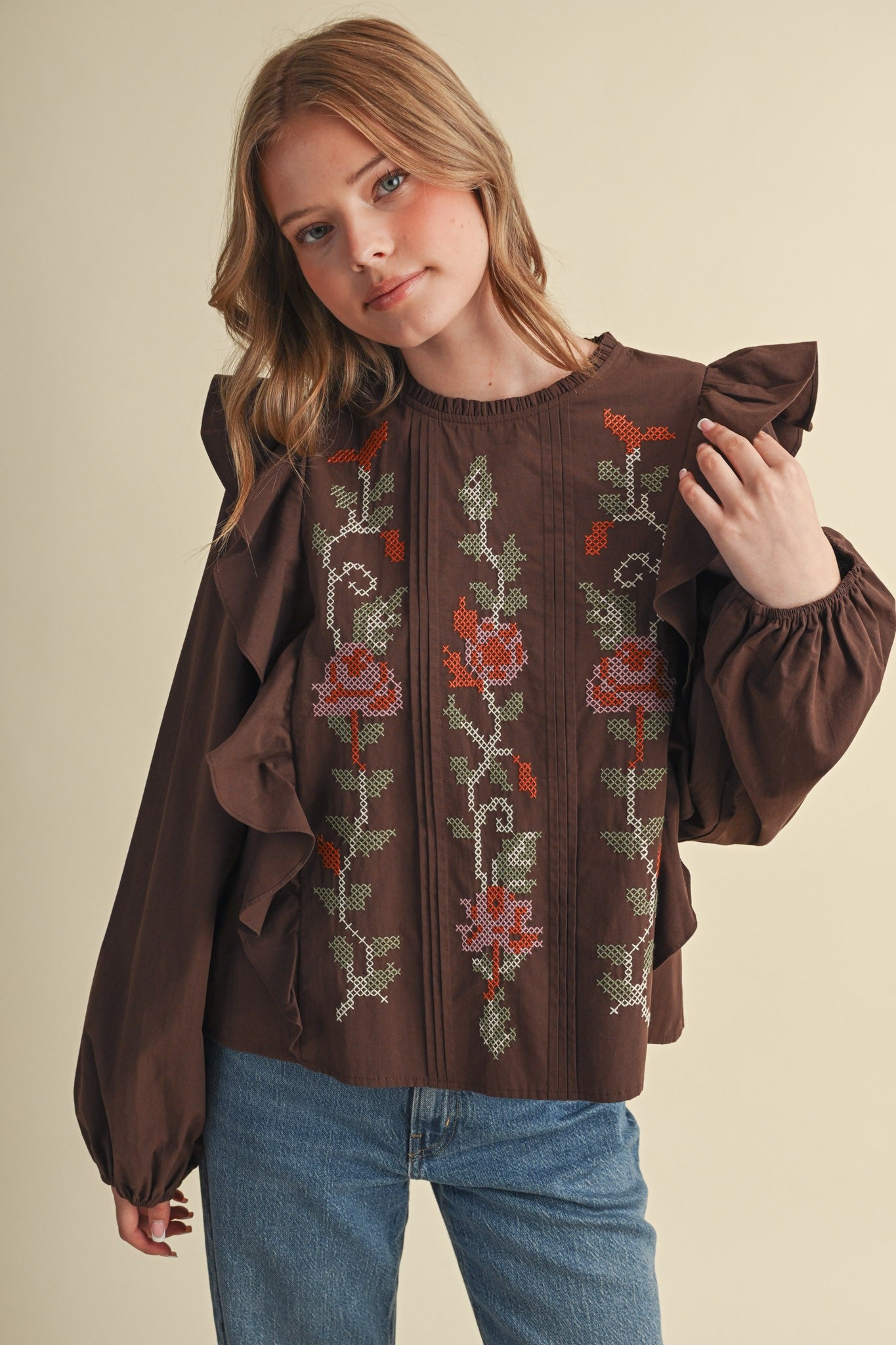 Stitch in Time Floral Cross Stitch Ruffle Top in Espresso Bloom, photo 4