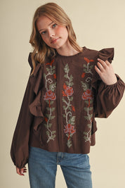 Stitch in Time Floral Cross Stitch Ruffle Top in Espresso Bloom, photo 4