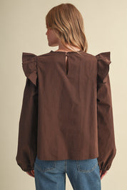 Stitch in Time Floral Cross Stitch Ruffle Top in Espresso Bloom, photo 6