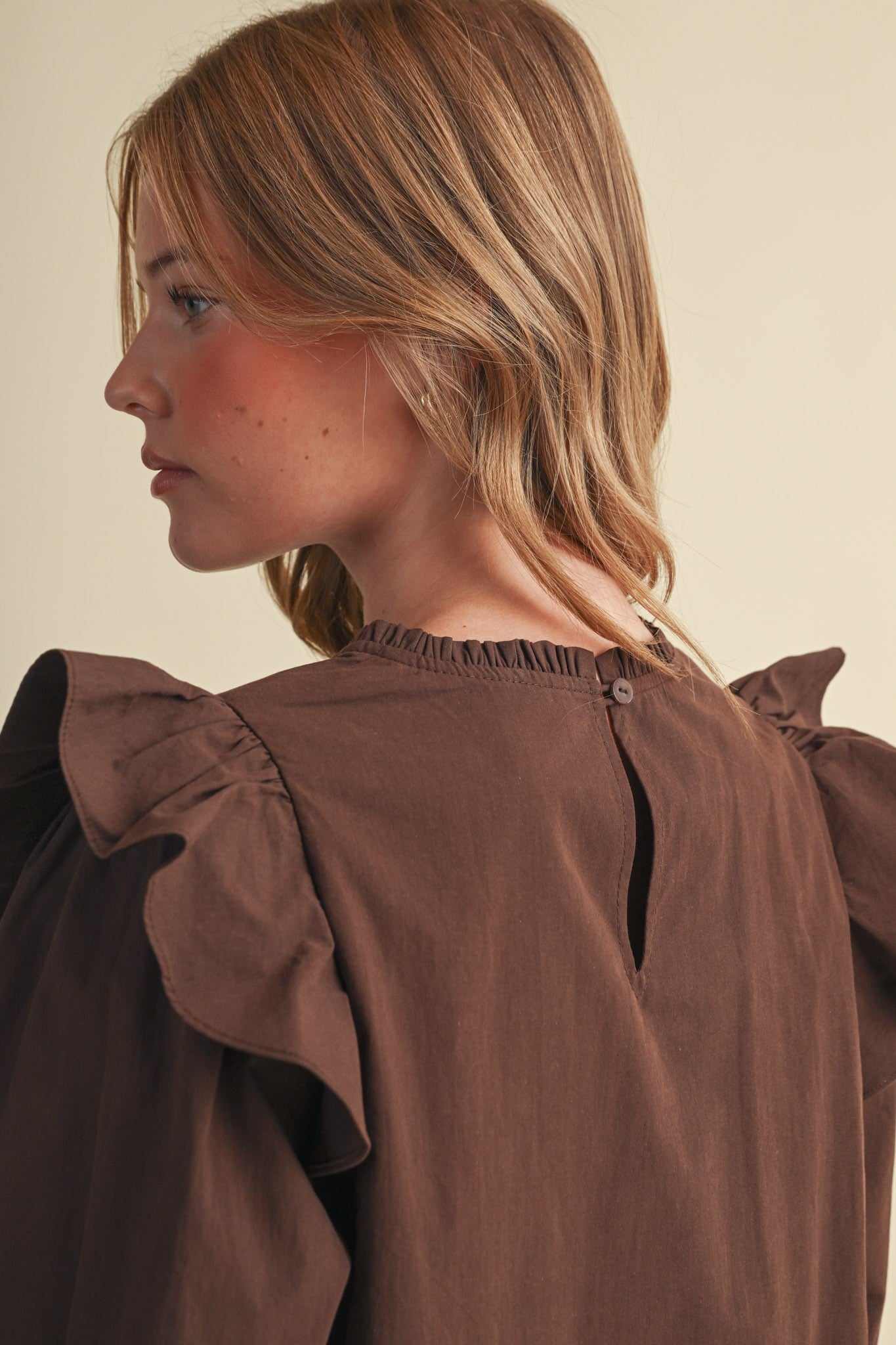 Stitch in Time Floral Cross Stitch Ruffle Top in Espresso Bloom, photo 7