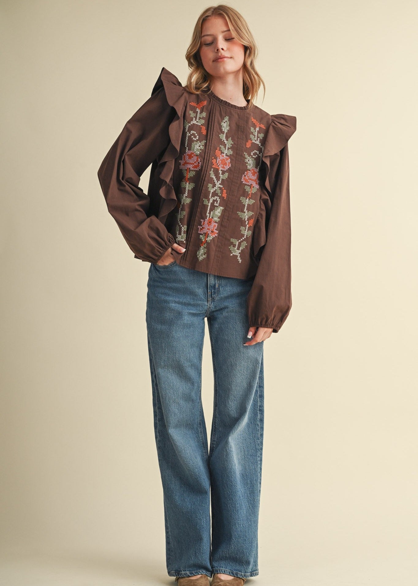 Stitch in Time Floral Cross Stitch Ruffle Top in Espresso Bloom, photo 8