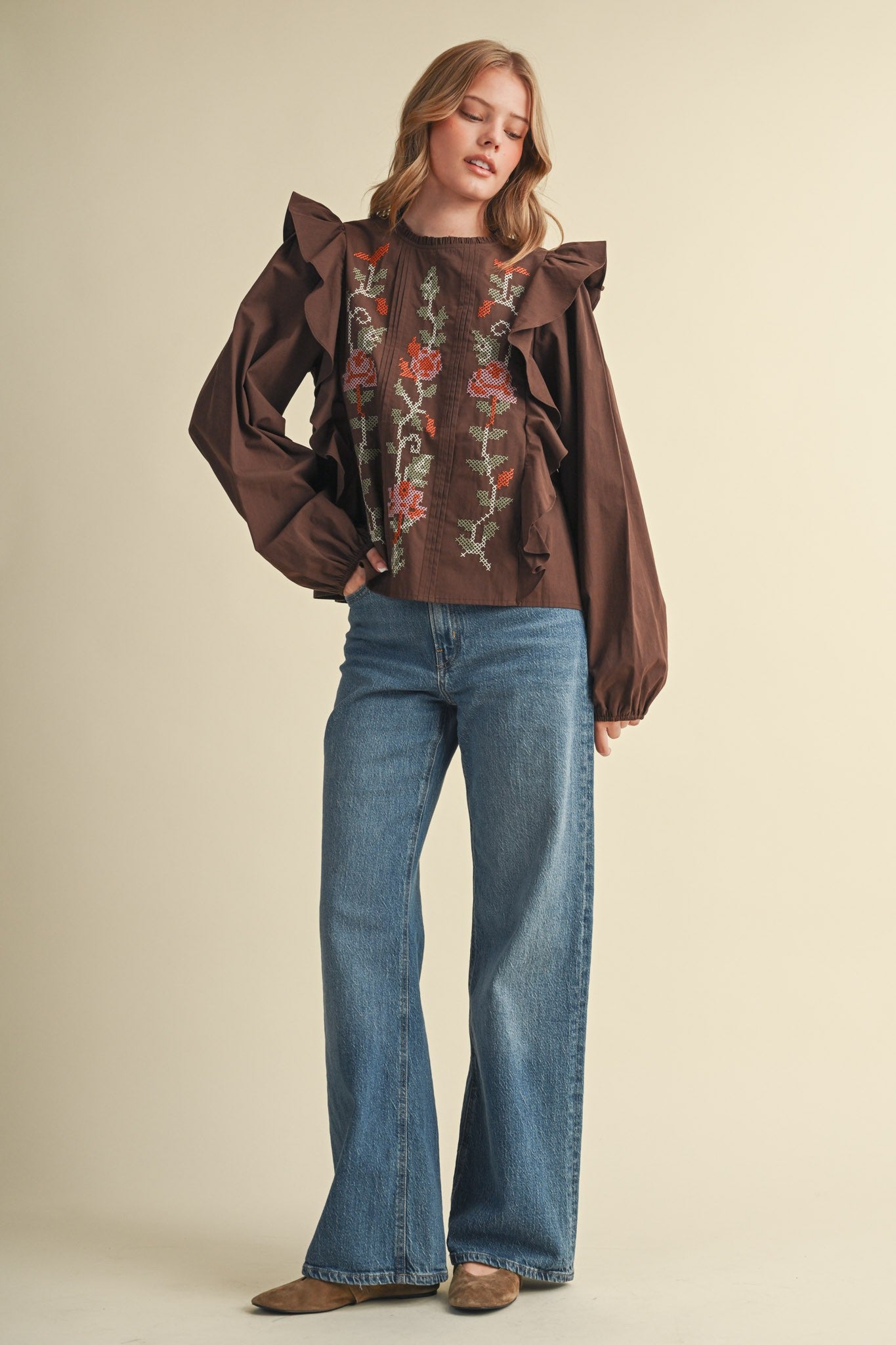 Stitch in Time Floral Cross Stitch Ruffle Top in Espresso Bloom, photo 9