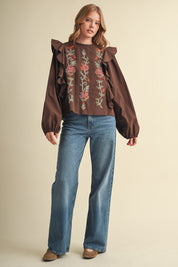 Stitch in Time Floral Cross Stitch Ruffle Top in Espresso Bloom, photo 10