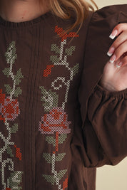 Stitch in Time Floral Cross Stitch Ruffle Top in Espresso Bloom, photo 11