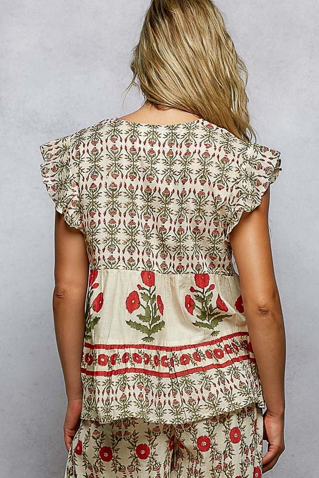 Storybook V - Neck Floral Pattern Ruffle Sleeve Top - Westly