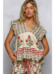Storybook V - Neck Floral Pattern Ruffle Sleeve Top - Westly