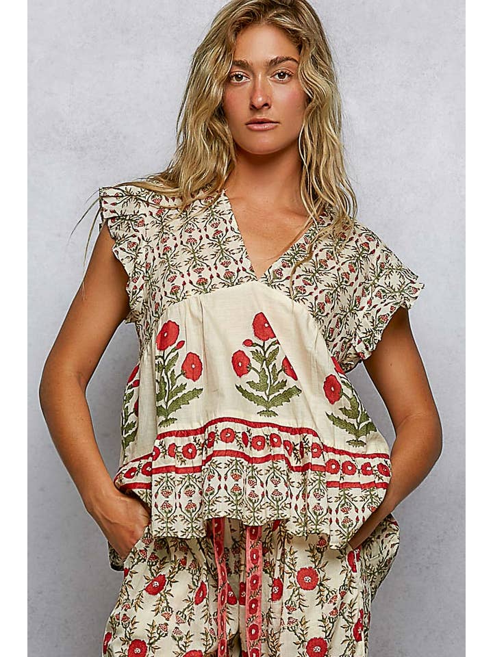 Storybook V - Neck Floral Pattern Ruffle Sleeve Top - Westly