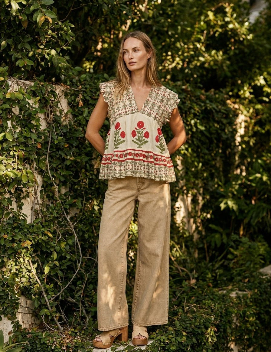 Storybook V - Neck Floral Pattern Ruffle Sleeve Top - Westly