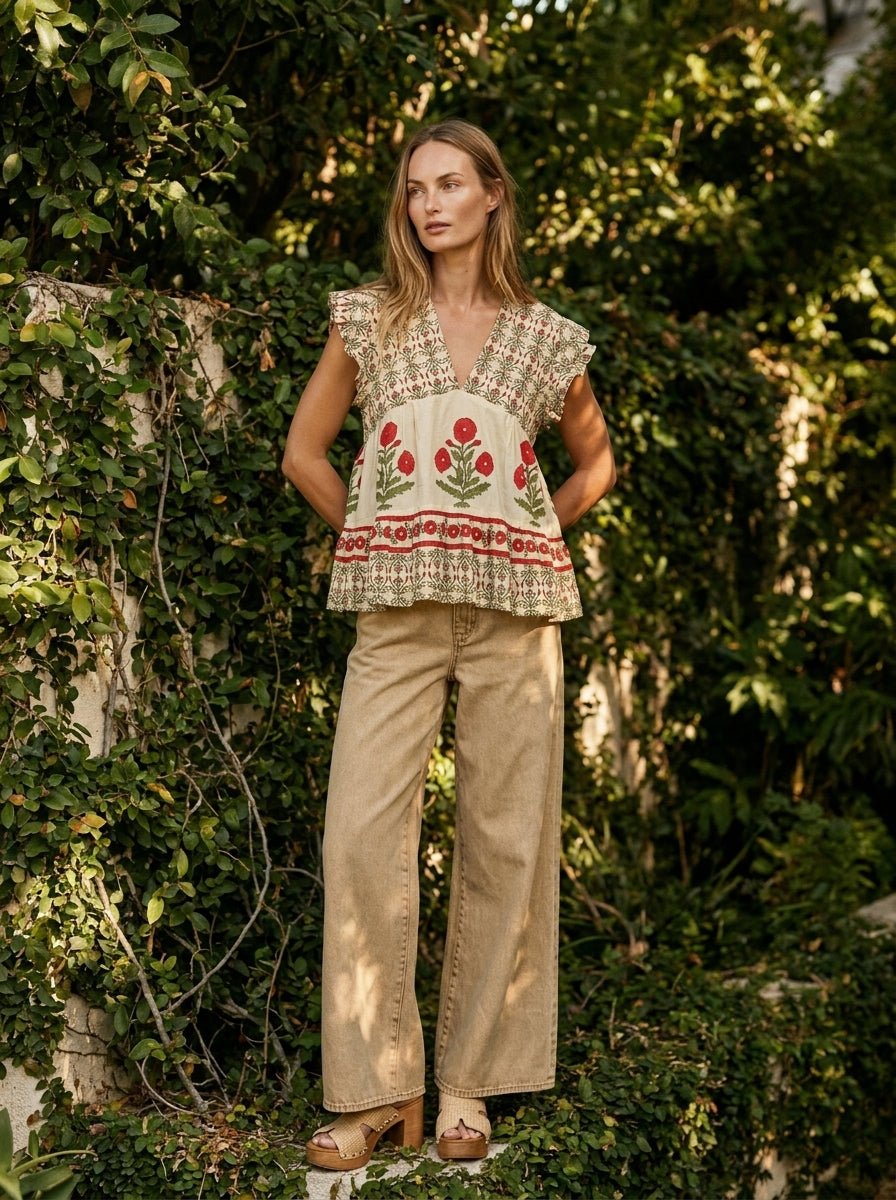 Storybook V - Neck Floral Pattern Ruffle Sleeve Top - Westly
