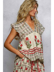Storybook V - Neck Floral Pattern Ruffle Sleeve Top - Westly