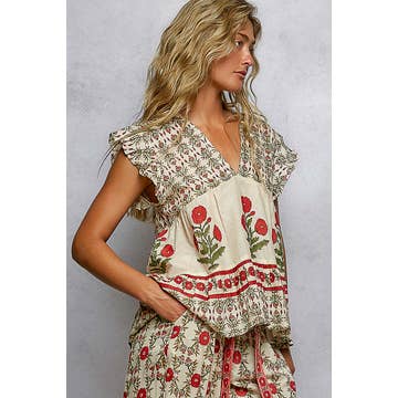 Storybook V - Neck Floral Pattern Ruffle Sleeve Top - Westly