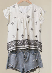 Storyteller Embroidered V - Neck Ruffle Blouse - Westly