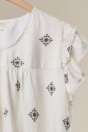 Storyteller Embroidered V - Neck Ruffle Blouse - Westly