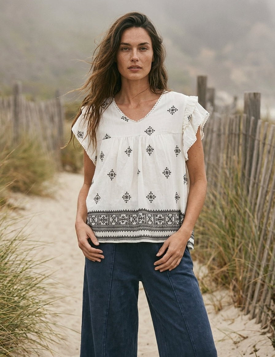 Storyteller Embroidered V - Neck Ruffle Blouse - Westly