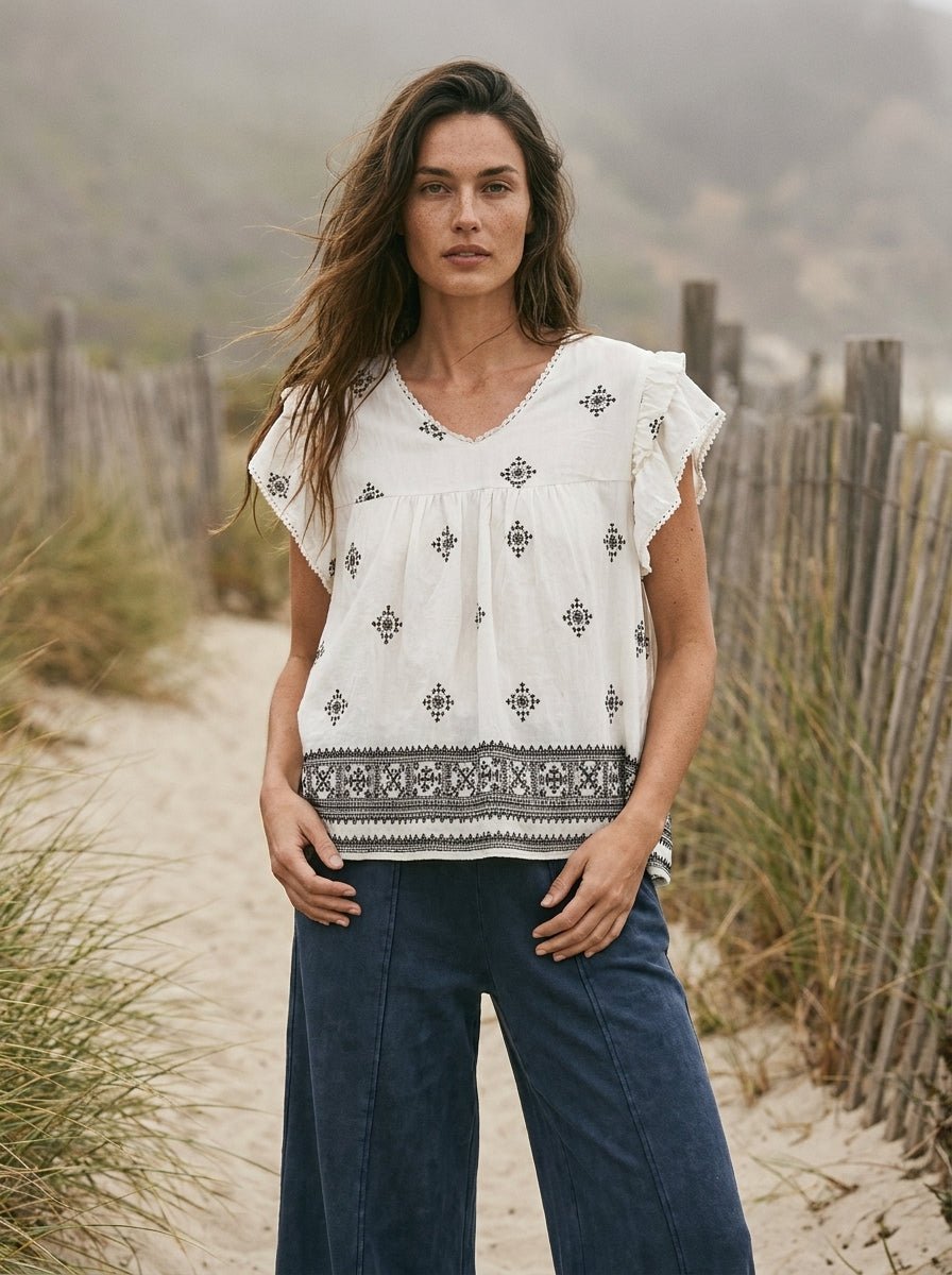 Storyteller Embroidered V - Neck Ruffle Blouse - Westly
