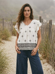 Storyteller Embroidered V - Neck Ruffle Blouse - Westly