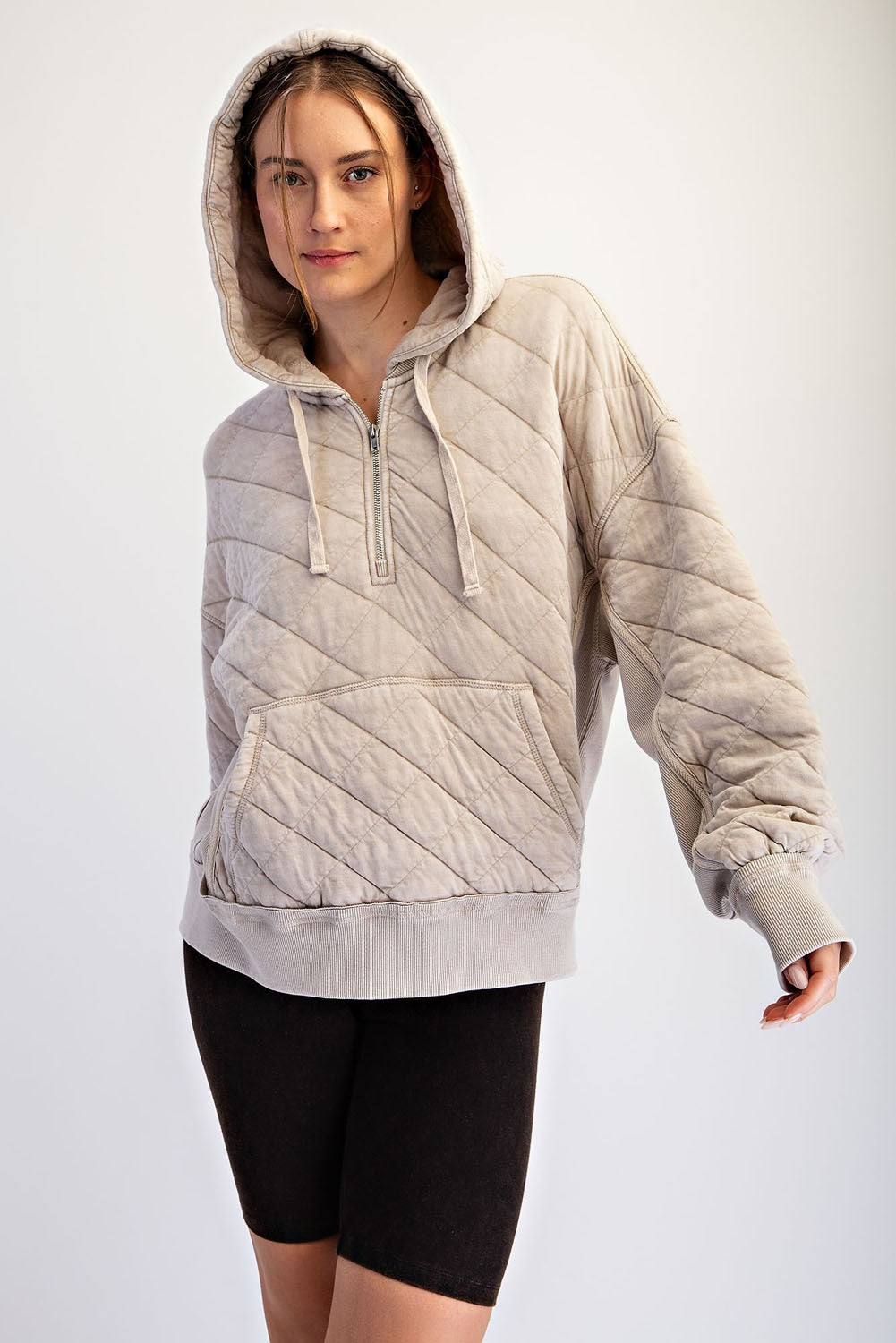 Stratton Washed Quilted Quarter-Zip Hoodie in Beige Taupe, photo 4
