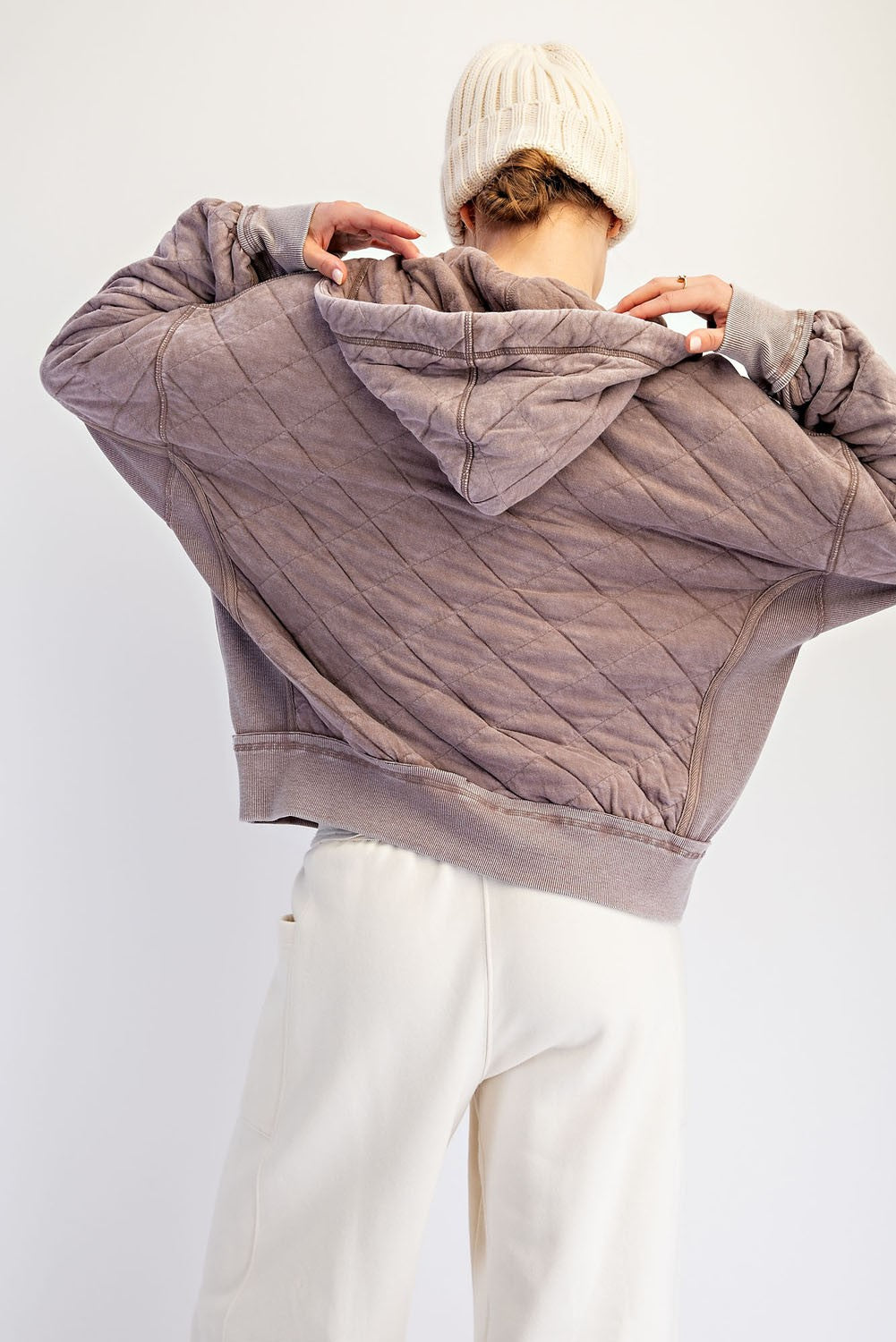 Stratton Washed Quilted Quarter-Zip Hoodie in Mocha, photo 2
