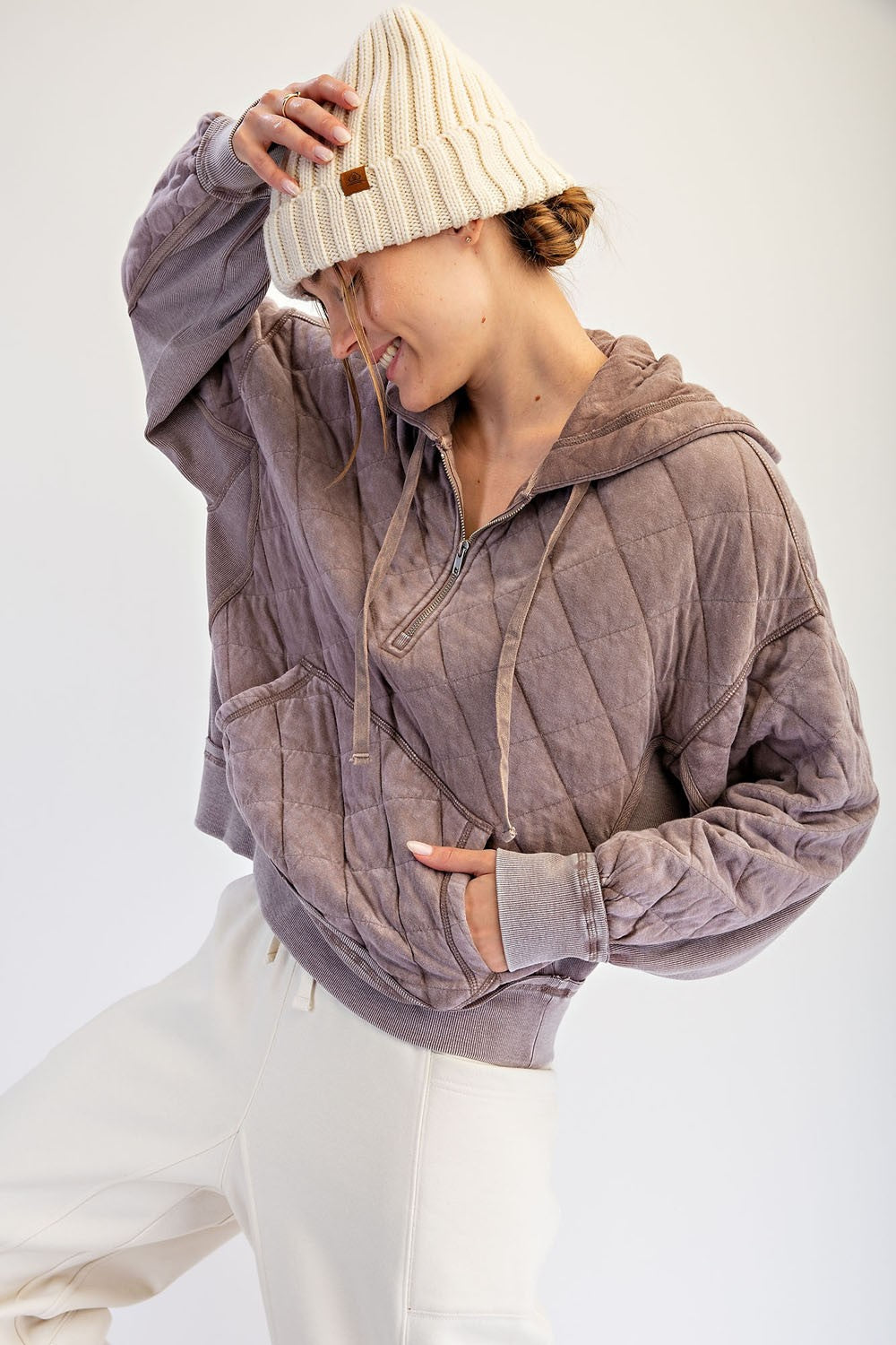 Stratton Washed Quilted Quarter-Zip Hoodie in Mocha, photo 3