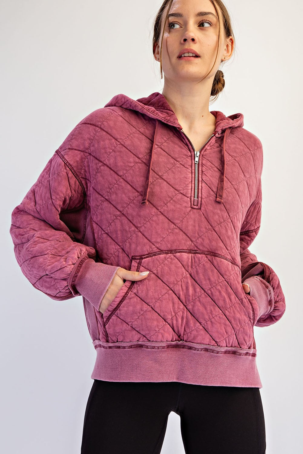 Stratton Washed Quilted Quarter-Zip Hoodie in Wine, photo 2