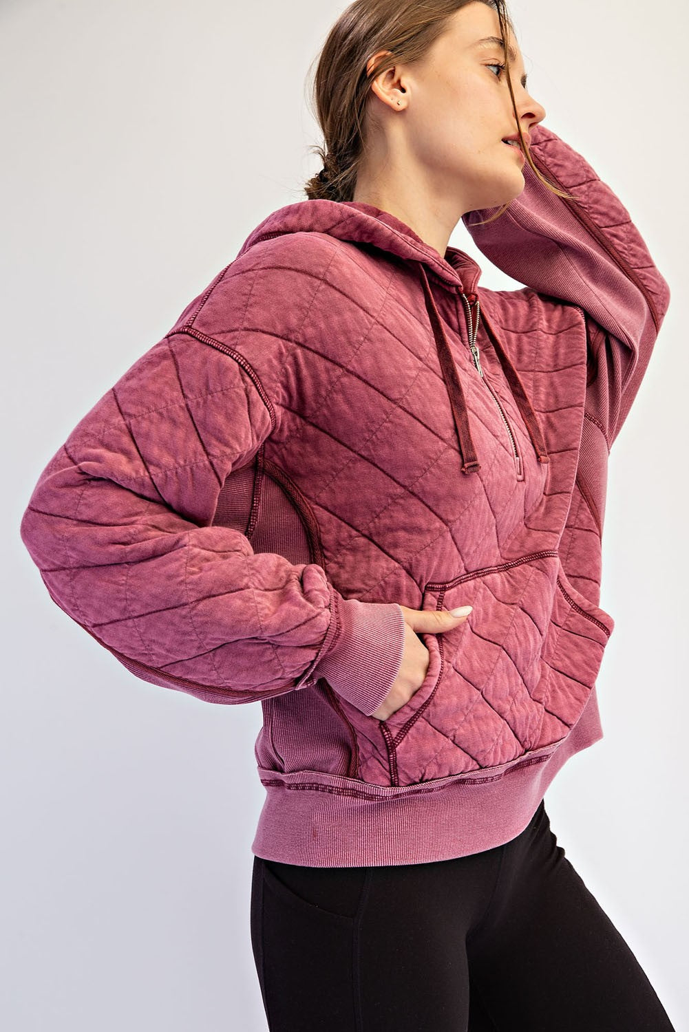 Stratton Washed Quilted Quarter-Zip Hoodie in Wine, photo 3