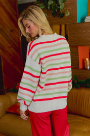 Sugarplum Lane Balloon Sleeve Stripe Sweater - Ivory Multi