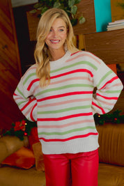 Sugarplum Lane Balloon Sleeve Stripe Sweater - Ivory Multi