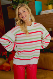 Sugarplum Lane Balloon Sleeve Stripe Sweater - Ivory Multi