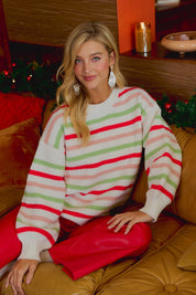 Sugarplum Lane Balloon Sleeve Stripe Sweater - Ivory Multi