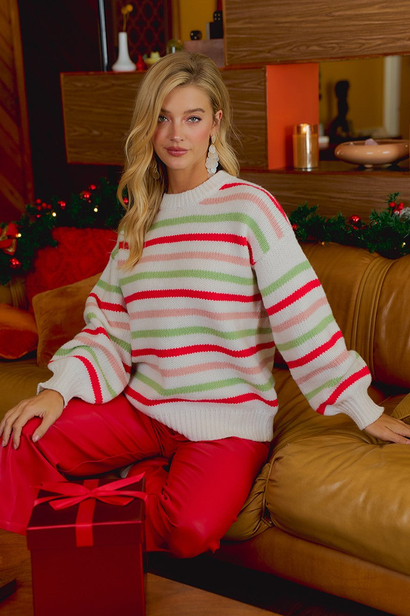 Sugarplum Lane Balloon Sleeve Stripe Sweater - Ivory Multi