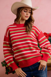 Sugarplum Lane Balloon Sleeve Stripe Sweater - Red Multi