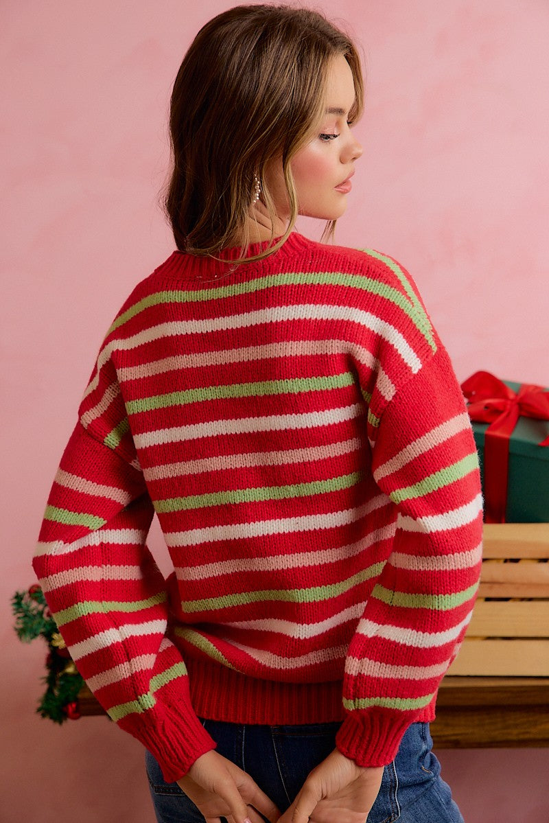 Sugarplum Lane Balloon Sleeve Stripe Sweater - Red Multi