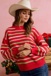Sugarplum Lane Balloon Sleeve Stripe Sweater - Red Multi