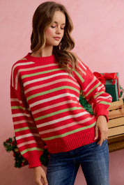 Sugarplum Lane Balloon Sleeve Stripe Sweater - Red Multi