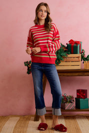 Sugarplum Lane Balloon Sleeve Stripe Sweater - Red Multi
