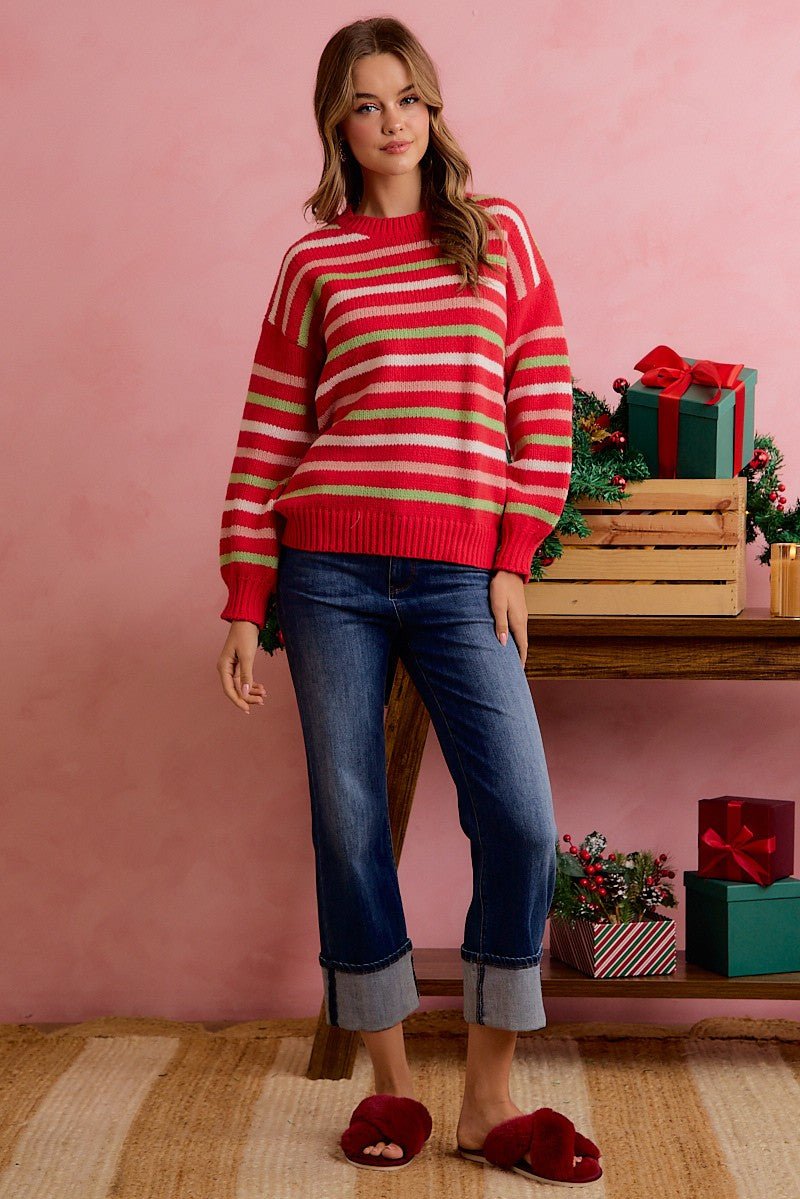 Sugarplum Lane Balloon Sleeve Striped Sweater - Westly