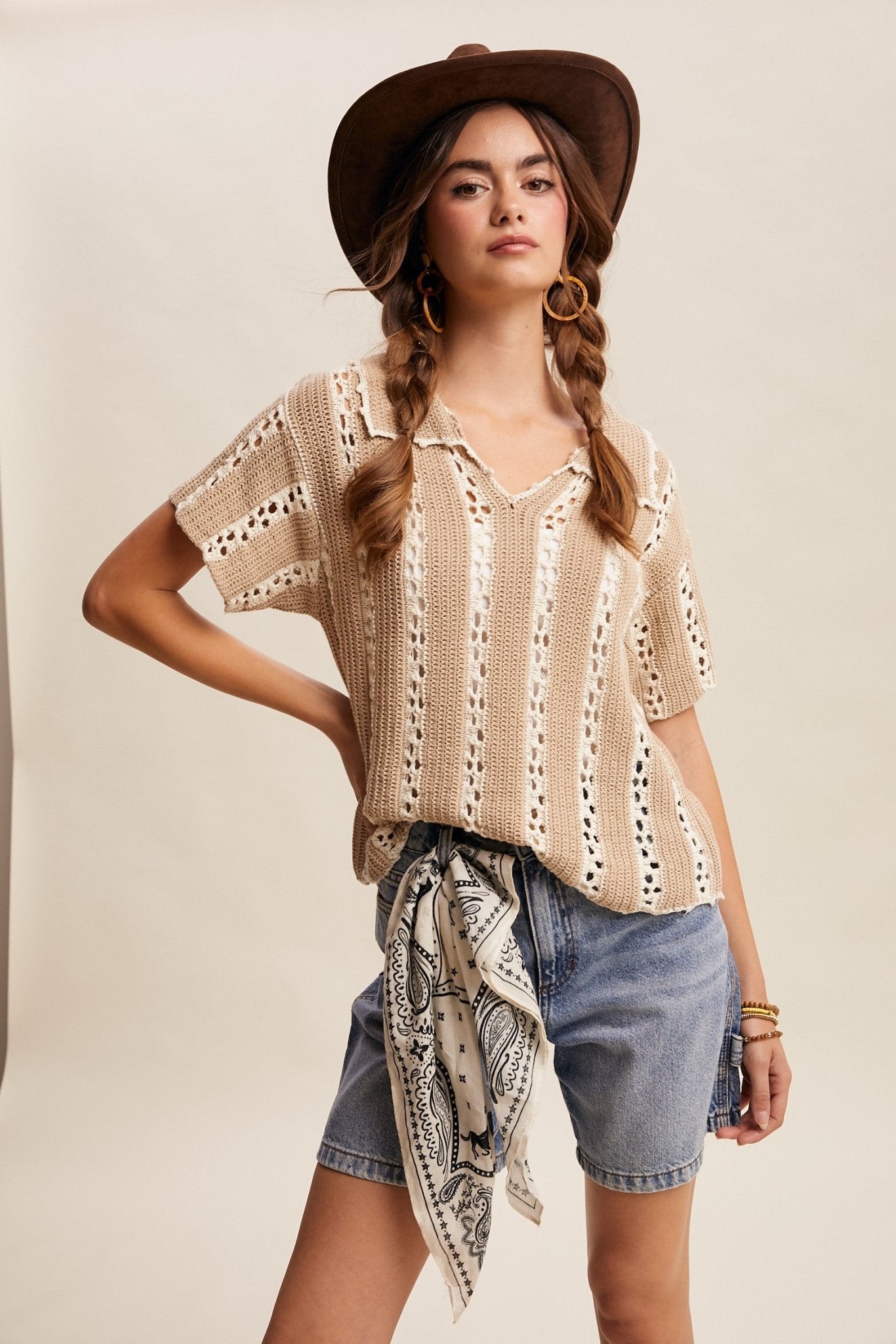 Sundance Crochet Stripe Knit Collar Top - Westly