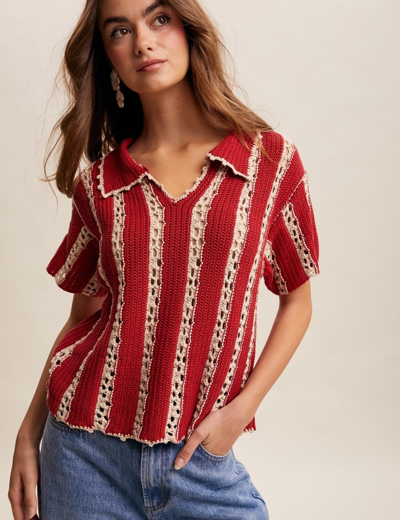 Sundance Crochet Stripe Knit Collar Top - Westly