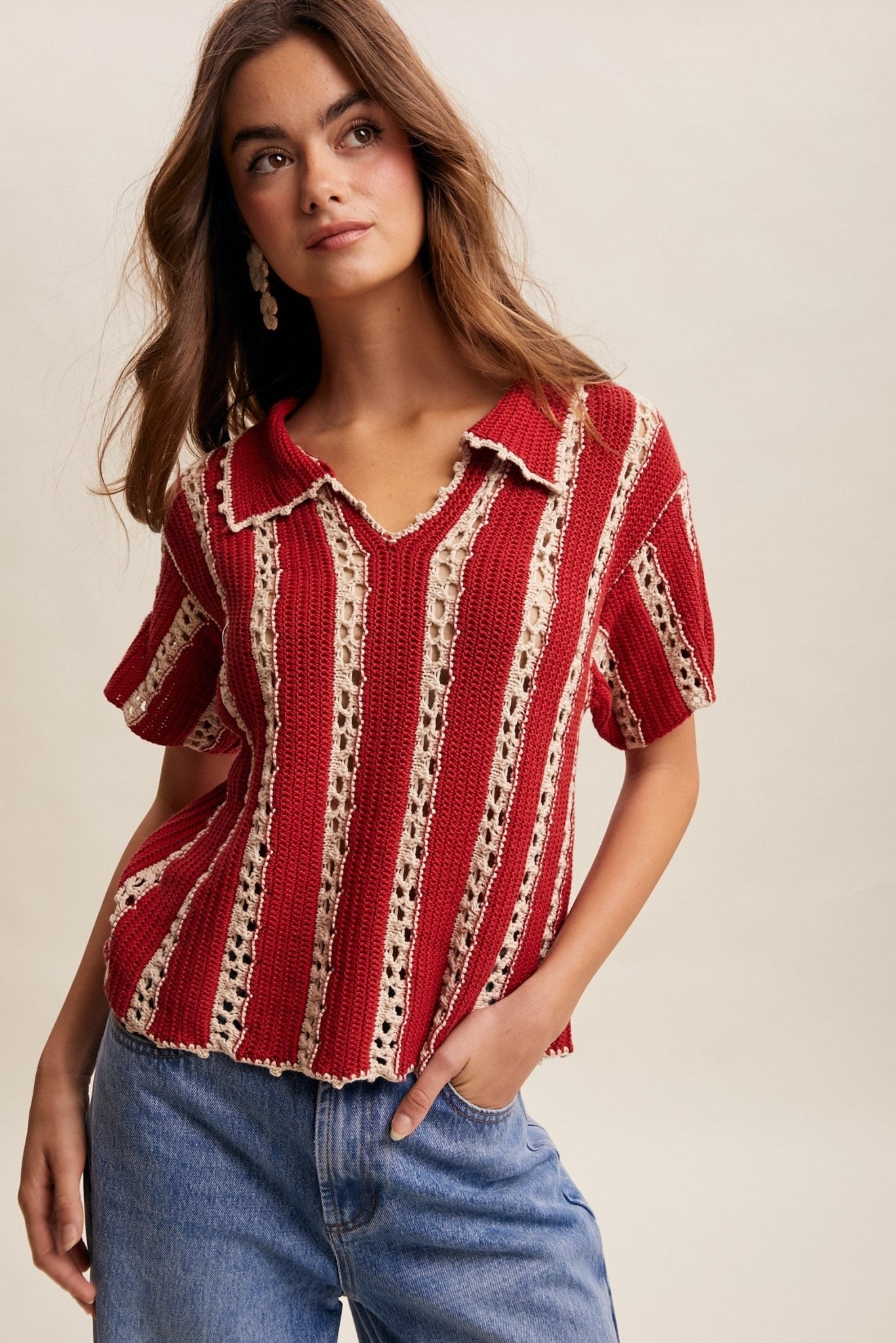 Sundance Crochet Stripe Knit Collar Top - Westly