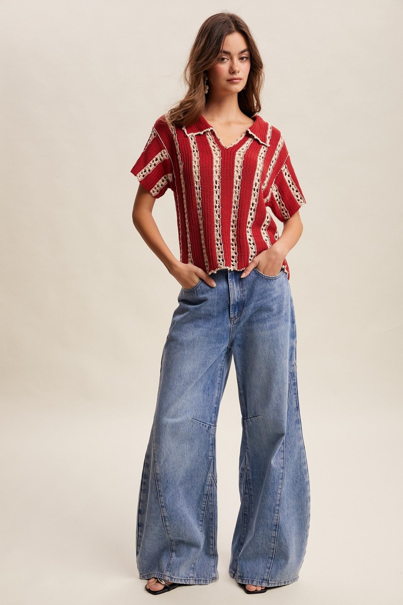 Sundance Crochet Stripe Knit Collar Top - Westly