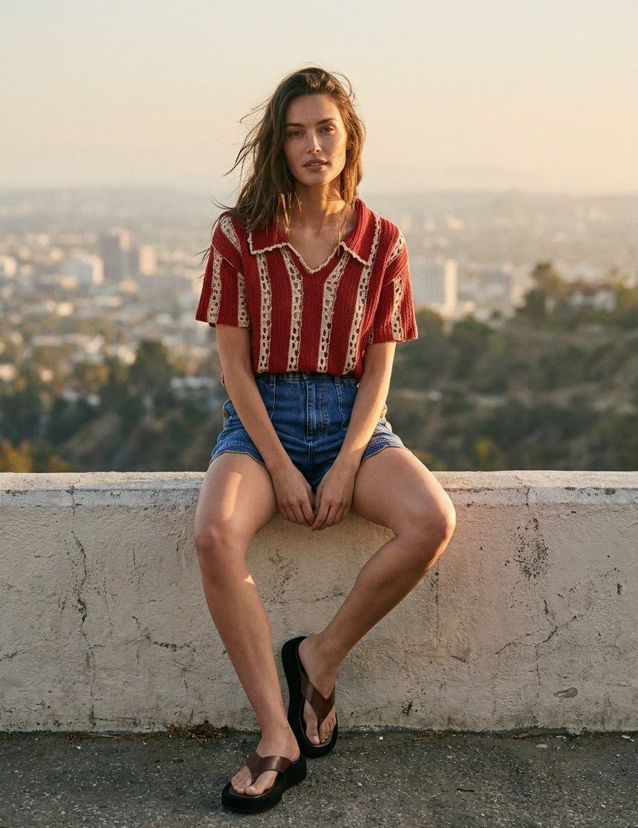 Sundance Crochet Stripe Knit Collar Top - Westly