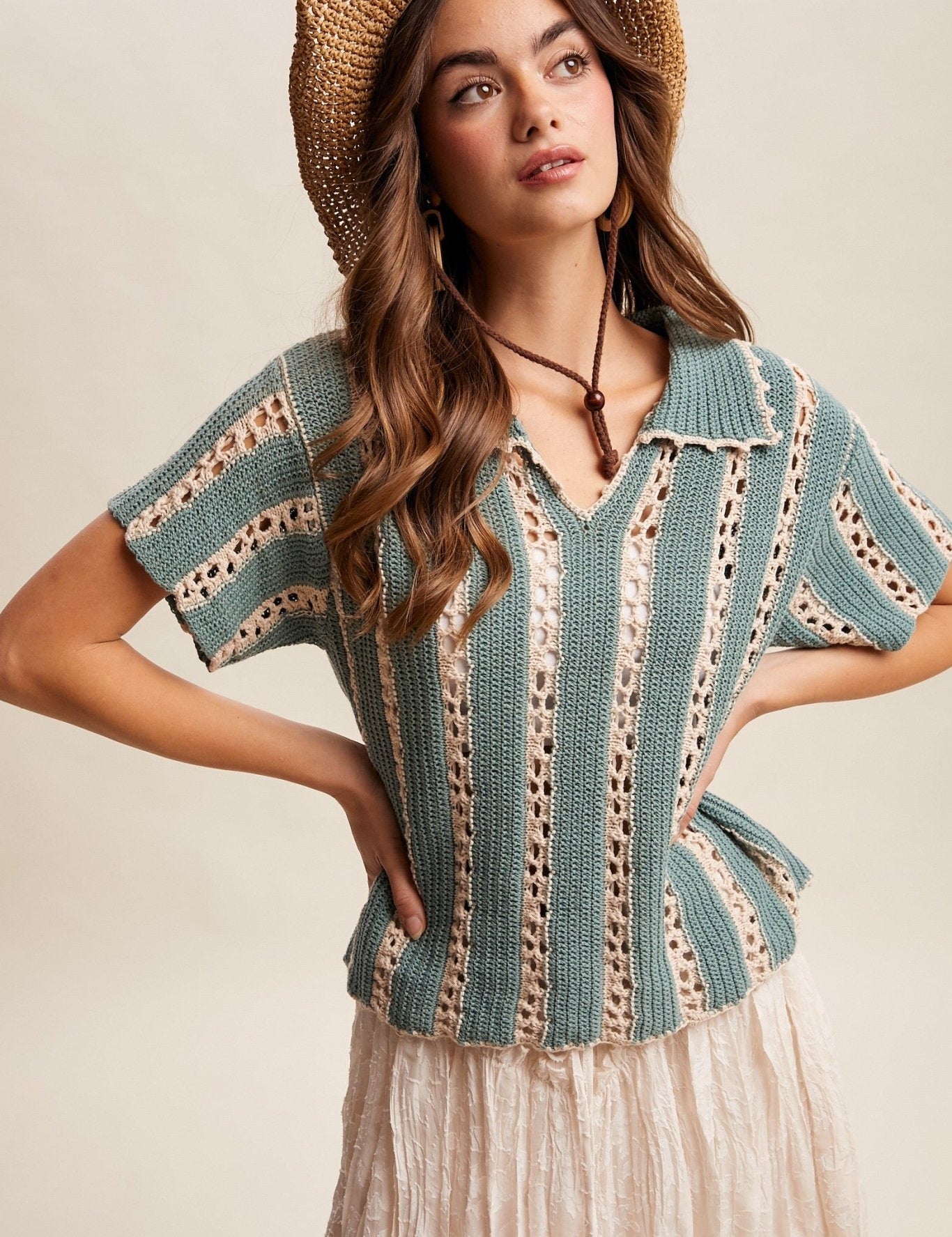 Sundance Crochet Stripe Knit Collar Top - Westly