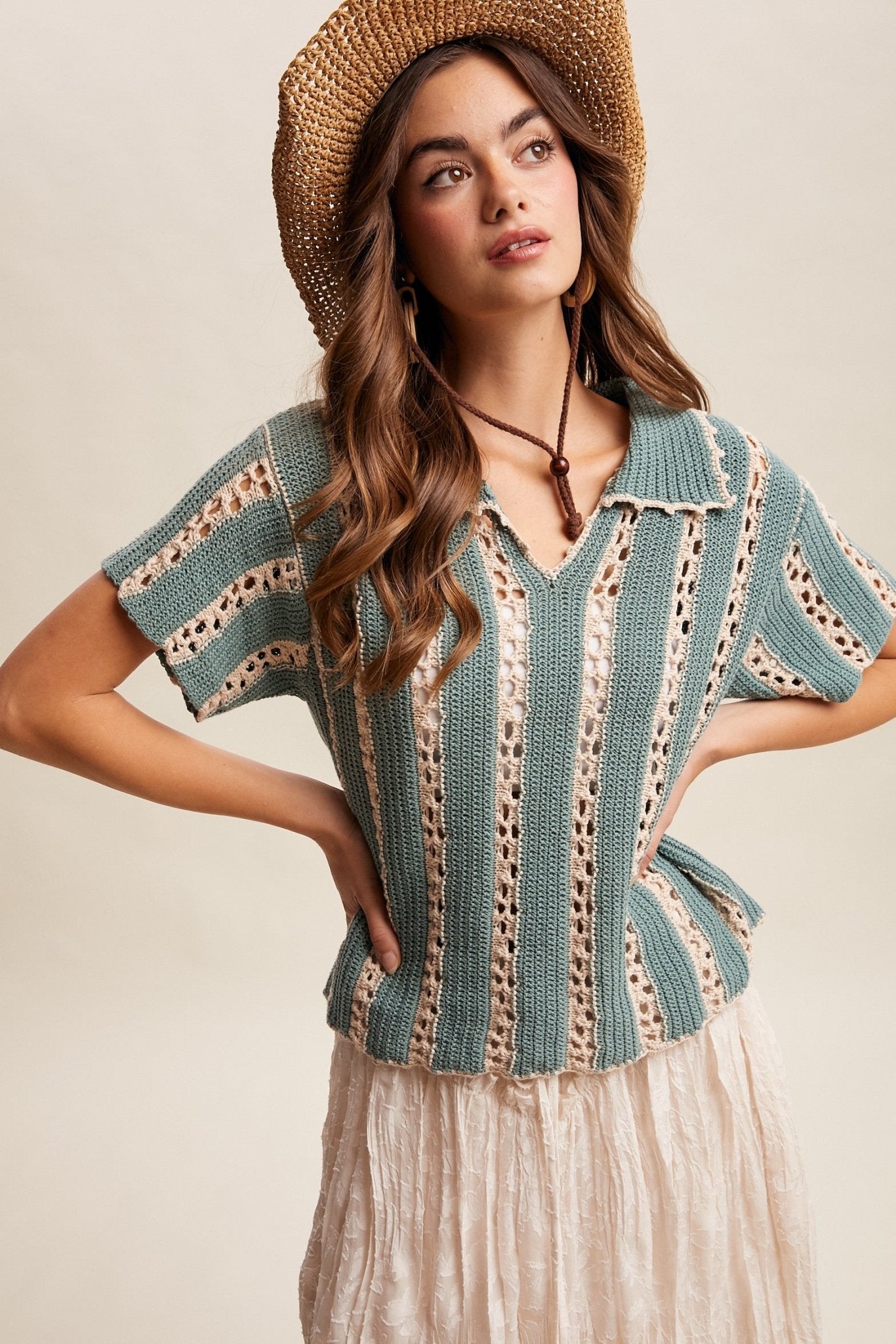 Sundance Crochet Stripe Knit Collar Top - Westly