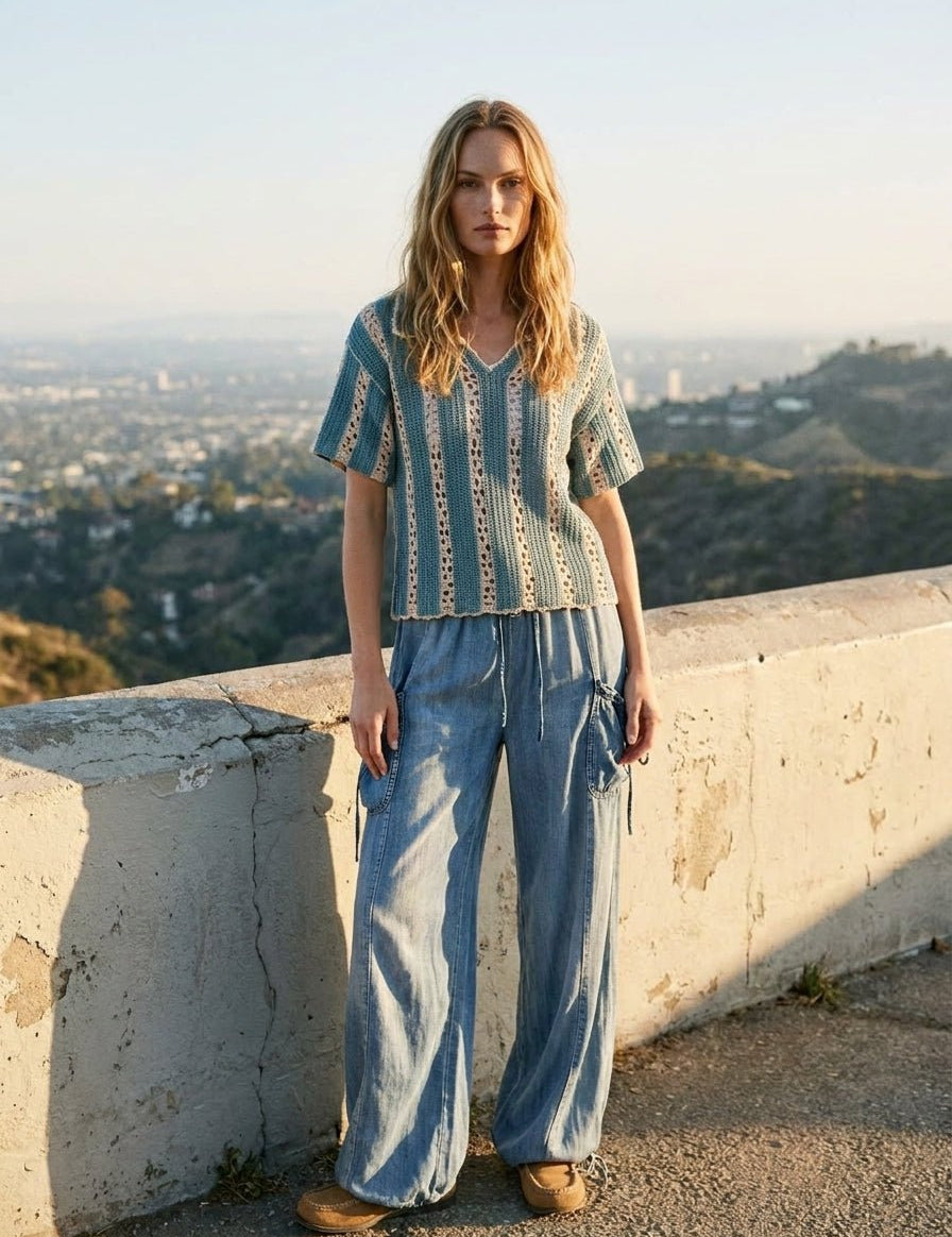 Sundance Crochet Stripe Knit Collar Top - Westly