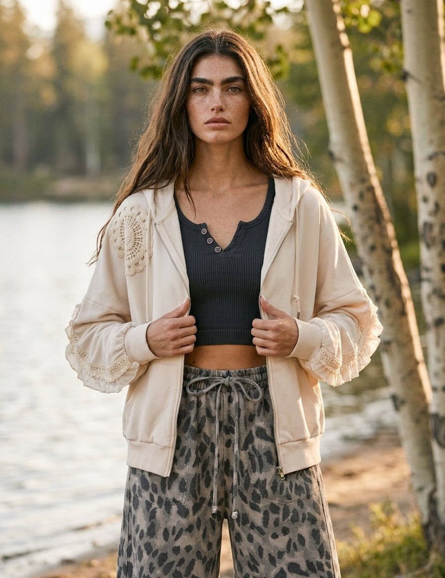 Sunday Stitch Lace Trimmed Zip-Up Hoodie - Westly
