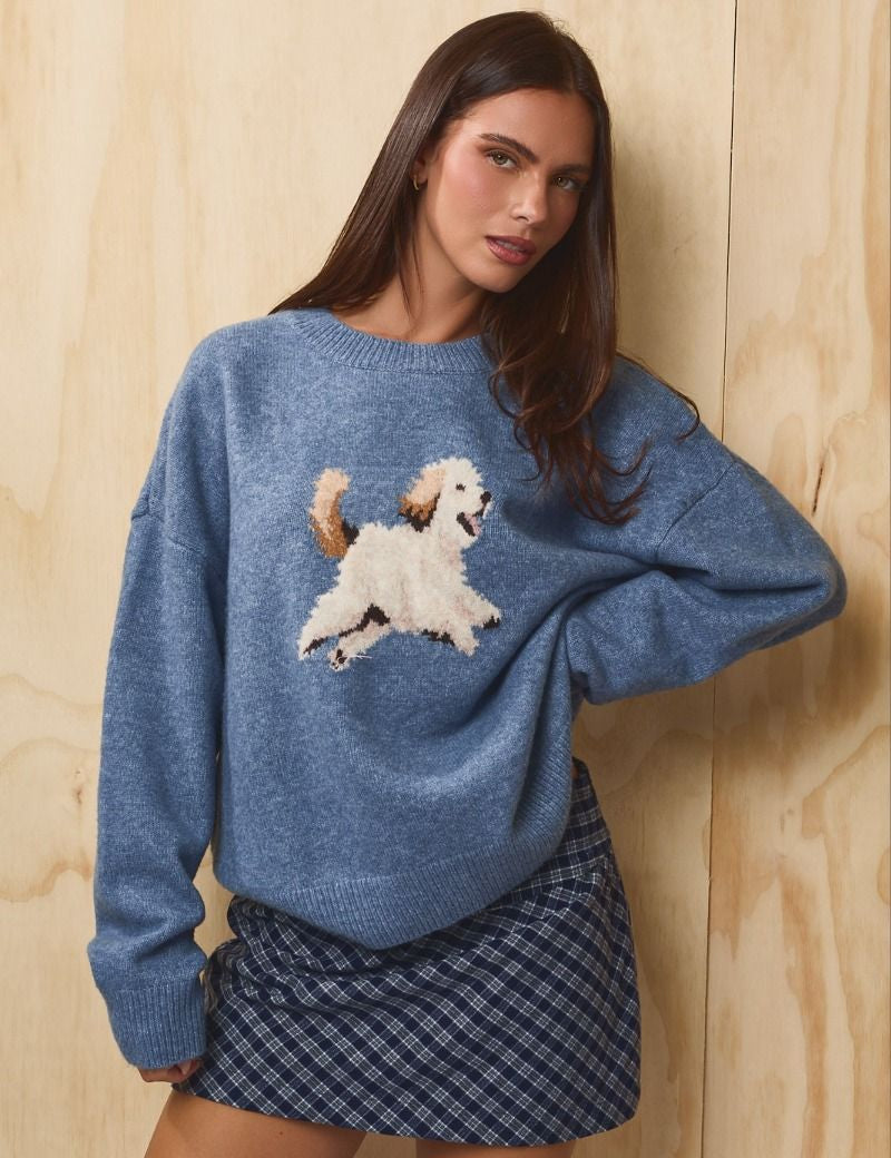 Sunday Walk Dog Graphic Sweater in Dusty Blue - product photo 5