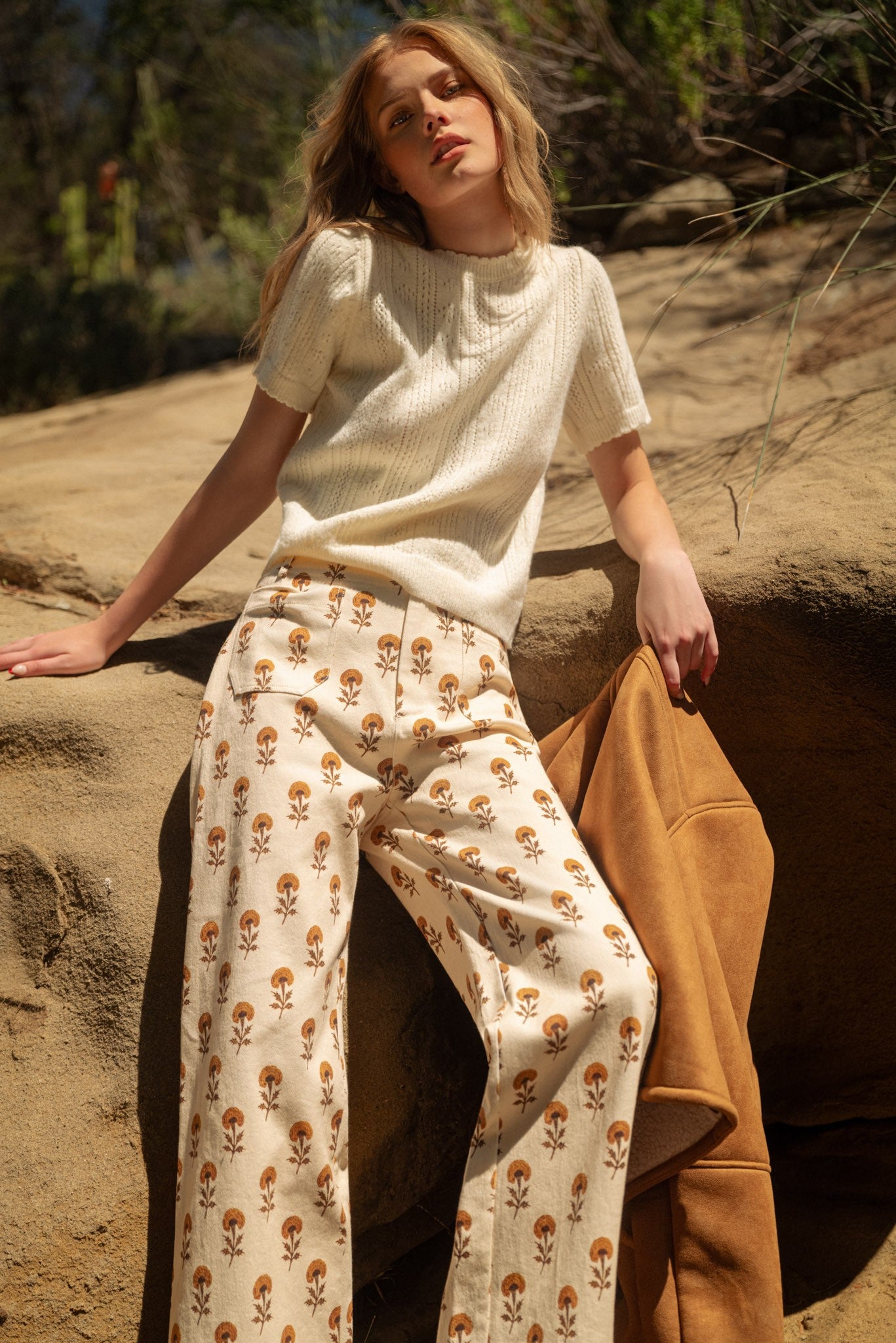 Sweetgrass Floral Wide Leg Cropped Pants in Cream Floral, photo 1