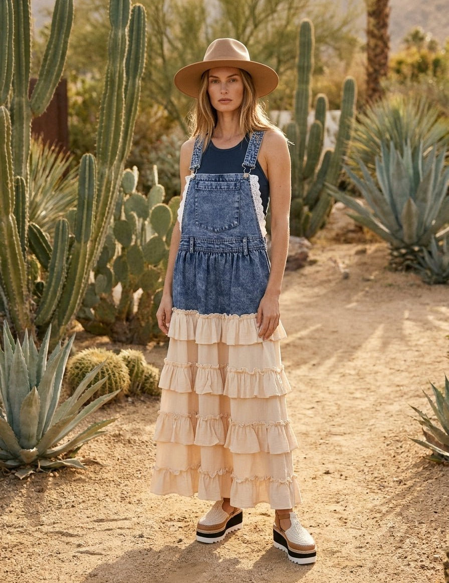 Tallulah Denim Overall Dress With Tiered Ruffle Skirt - Westly