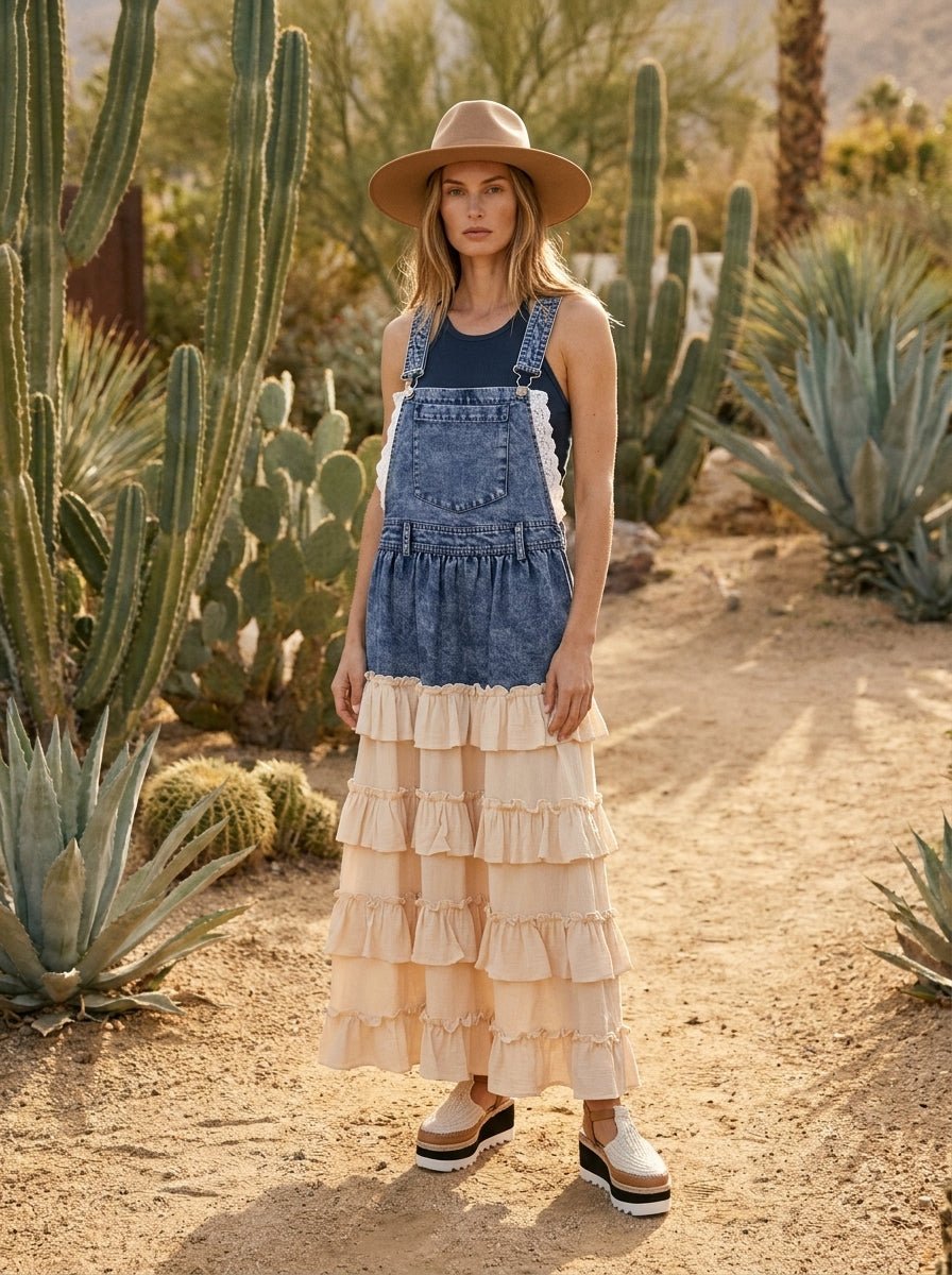 Tallulah Denim Overall Dress With Tiered Ruffle Skirt - Westly